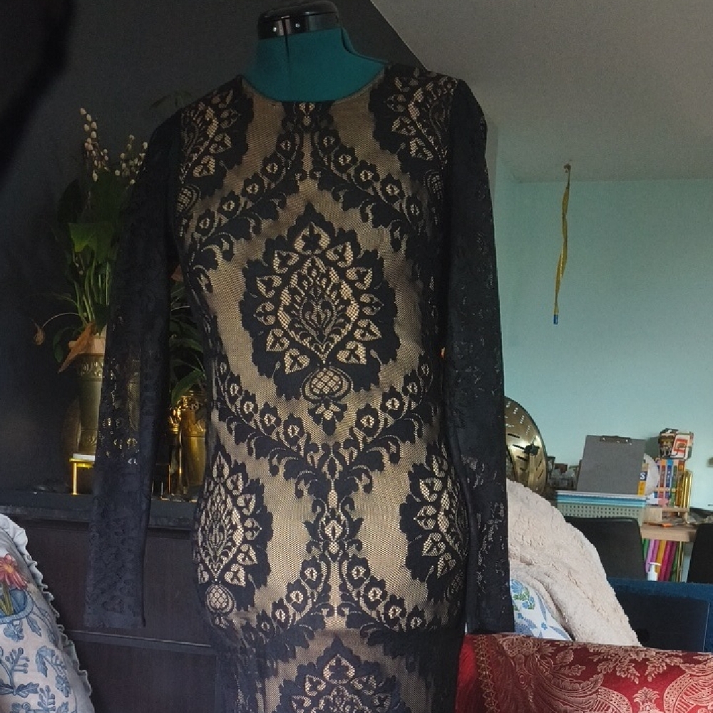 bebe Black and Tan Lace Long Sleeve Dress